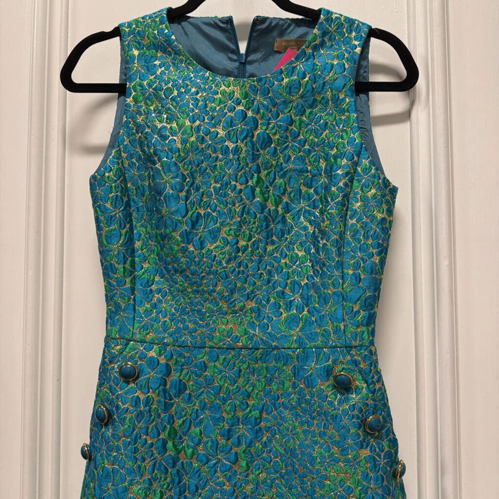 Blue Poly Floral Brocade Shift Dress