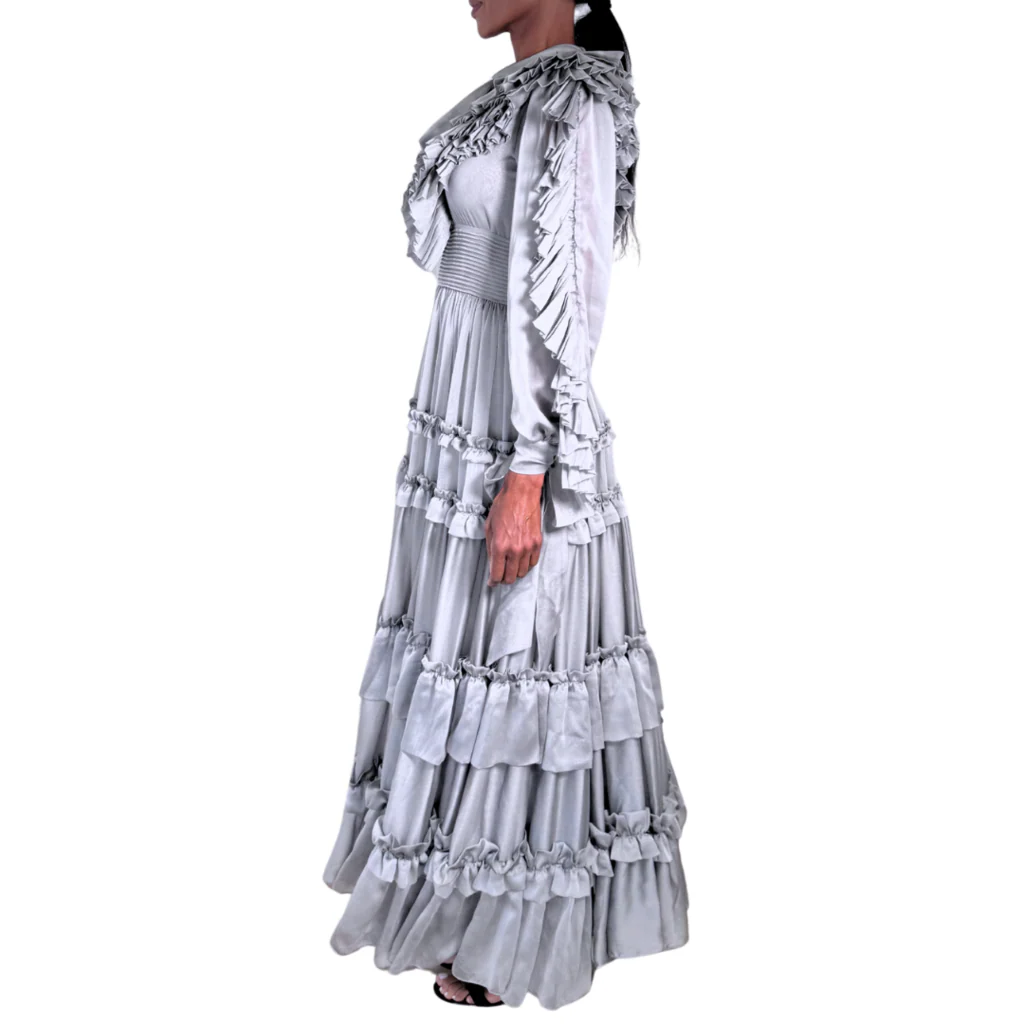 Carlos Pineda Silver Ruffle Tiered Gown, S - Image 3