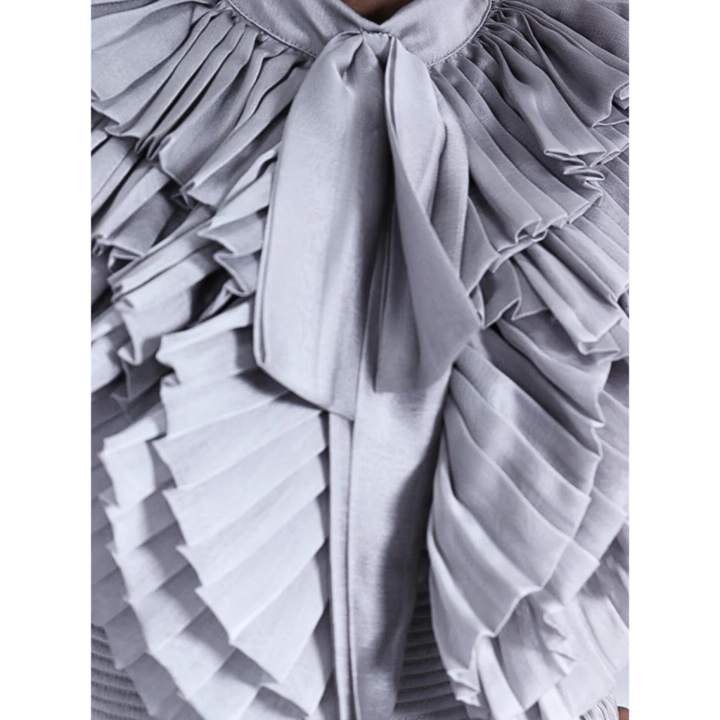 Carlos Pineda Silver Ruffle Tiered Gown, S - Image 5