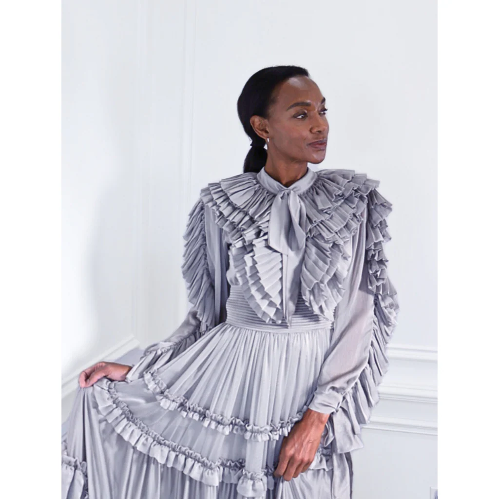 Carlos Pineda Silver Ruffle Tiered Gown, S - Image 7