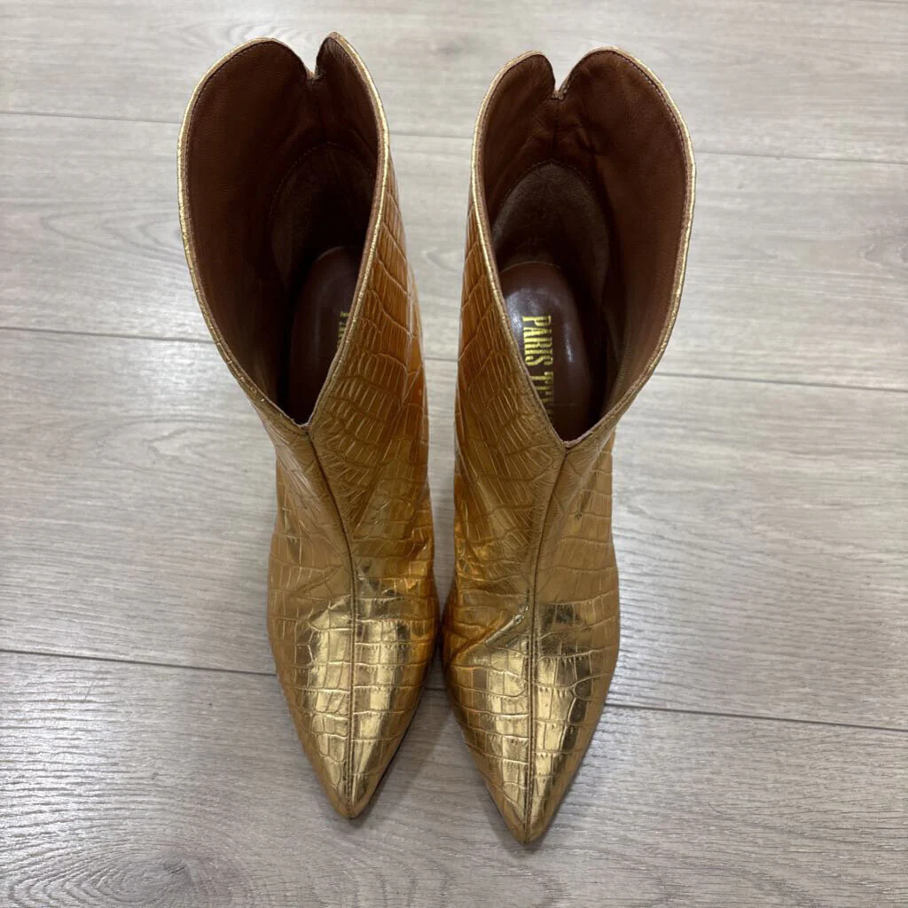 Gold Leather Croc Embossed Ankle Boot