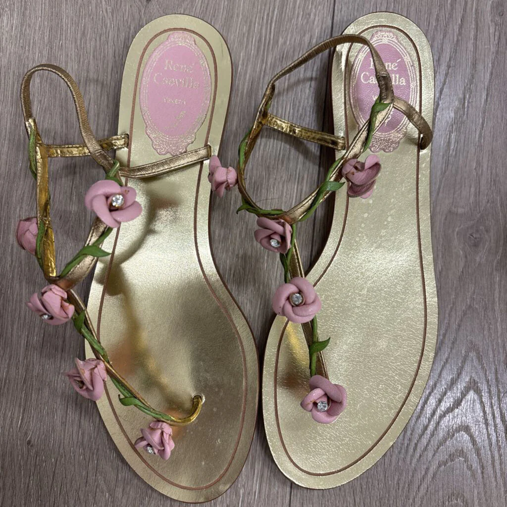 Gold Leather Rose Detail Sandal