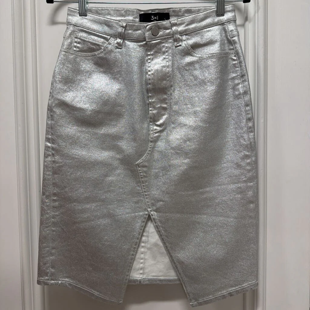 Metallic Silver Denim Skirt